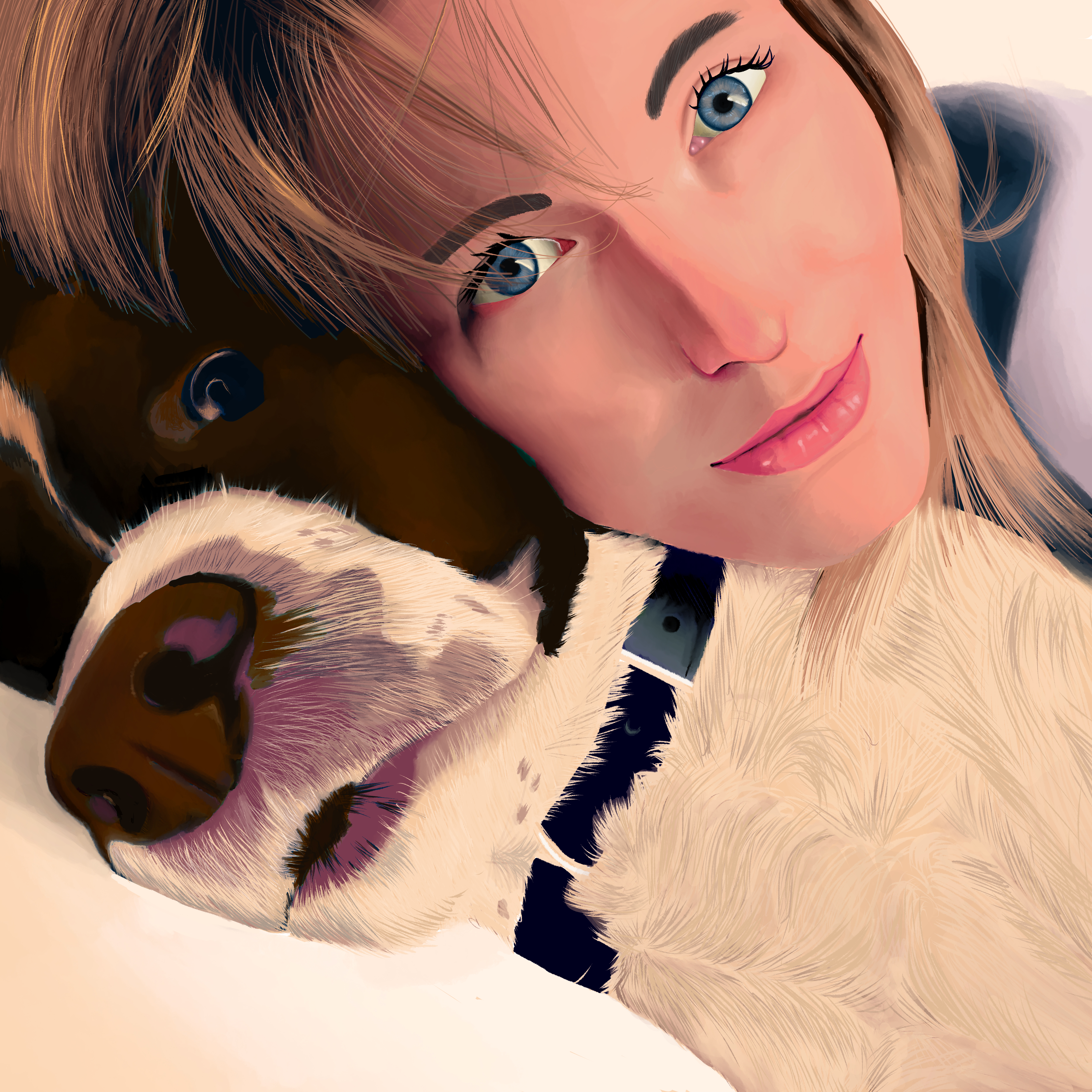 dog with owner, heads side by side in downward diagonal